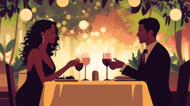 A couple on a romantic date toasting with glasses of wine