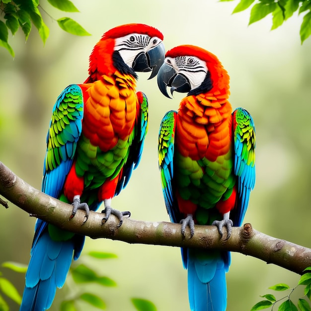 Couple of romantic red macaw parrots on branch Generative AI