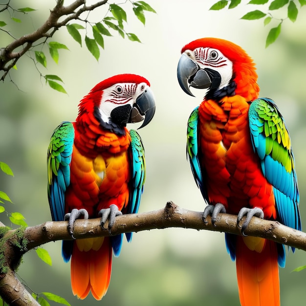 Couple of romantic red macaw parrots on branch Generative AI