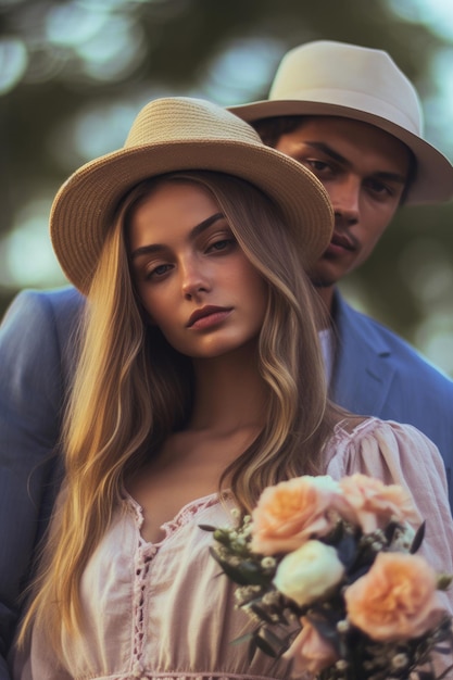 A couple in a romantic setting with a man in a hat and a woman in a pink dress.