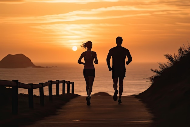 Couple Runners Silhouette Beach Runners Athlete Running in Morning Dusk at Coast Nature Beach Landscape Active People Lifestyle Concept Generative AI Illustration