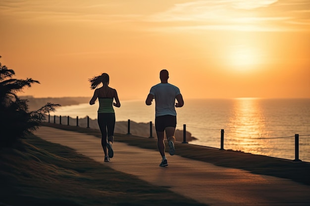 Couple Runners Silhouette Beach Runners Athlete Running in Morning Dusk at Coast Nature Beach Landscape Active People Lifestyle Concept Generative AI Illustration