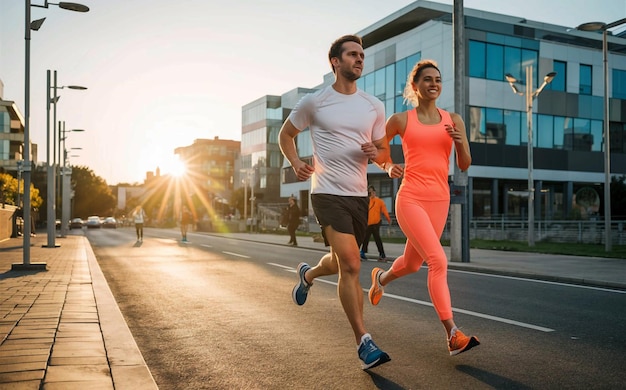 a couple running in front of a building with the sun shining on them