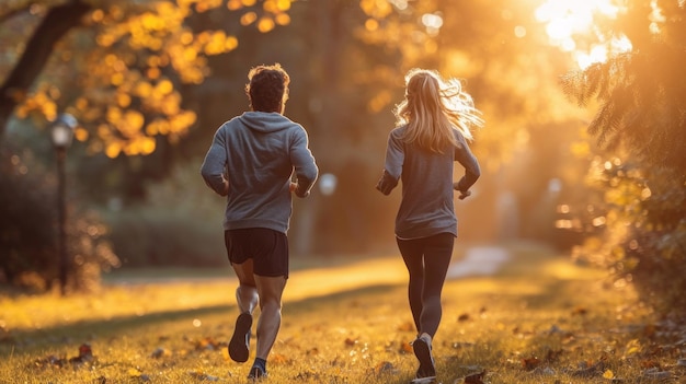 Photo a couple running in the park the sun is shining through the trees