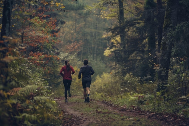 Photo couple running through an autumnal forest