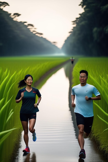 a couple running through a rice field with the words " running " on it.