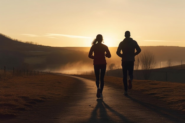 Couple running together Male and female athlete jogging Generative AI