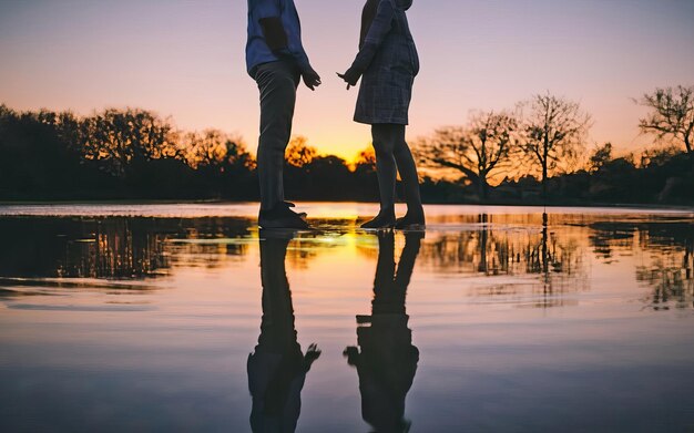 A Couple's Shadow Holding Hands Reflected in Still Water The silhouette of intertwined hands