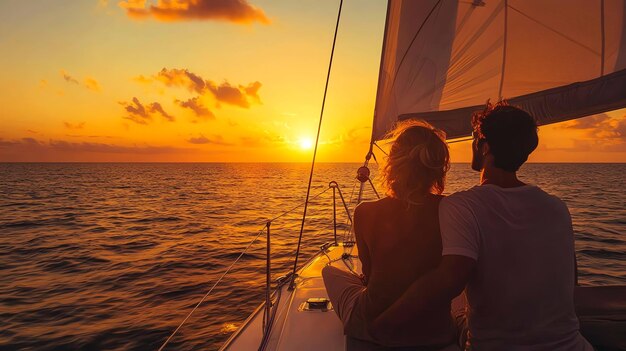 Photo couple on a sailboat enjoying a romantic sunset cruise