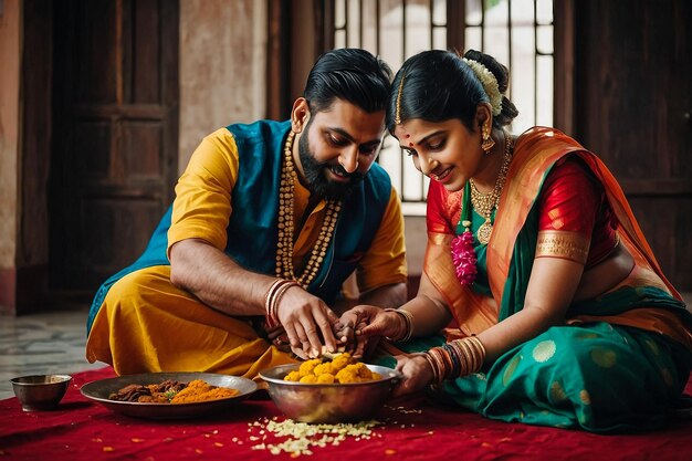 a couple in saris are cooking with a bowl of food