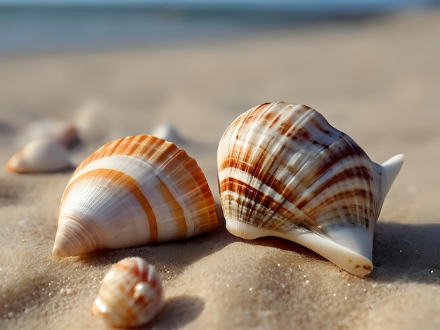 a couple of seashells sitting on top of a sandy beach wearing seashell attire seashell conch shell