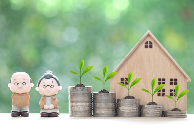 couple senior and model house with stack of coins money on natural green background