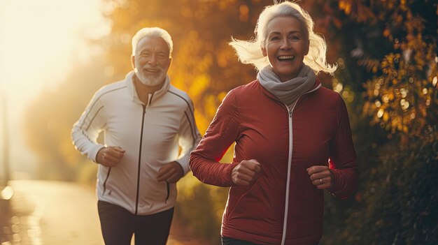 A couple of senior running Happy couple of senior jogging in the morning Generative Ai