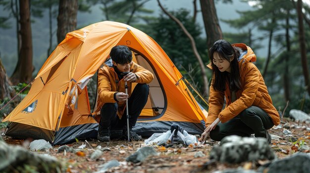 Couple Setting Up Camp in a Forest