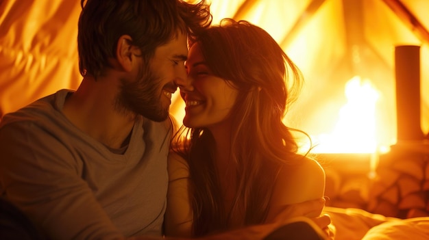 Photo a couple shares an intimate smile as they embrace inside a tent surrounded by warm candlelight and the glow of a flickering flame creating a cozy atmosphere for their romantic evening