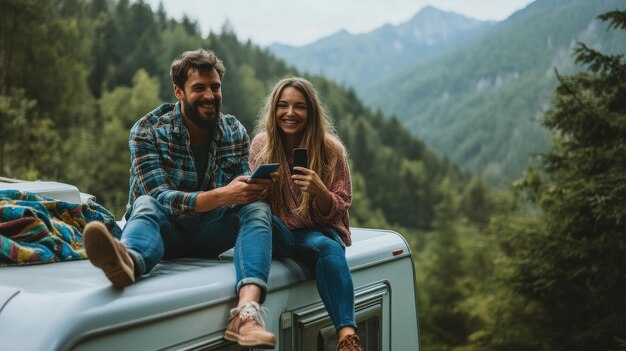 Photo a couple shares laughter and moments of connection while perched on their camper van