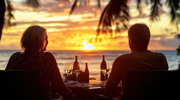 Photo a couple shares a romantic evening at a beachfront restaurant watching the sunset together