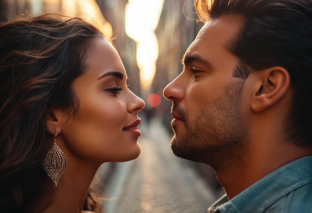 A couple shares a romantic gaze on an illuminated street their close proximity suggests an intimate