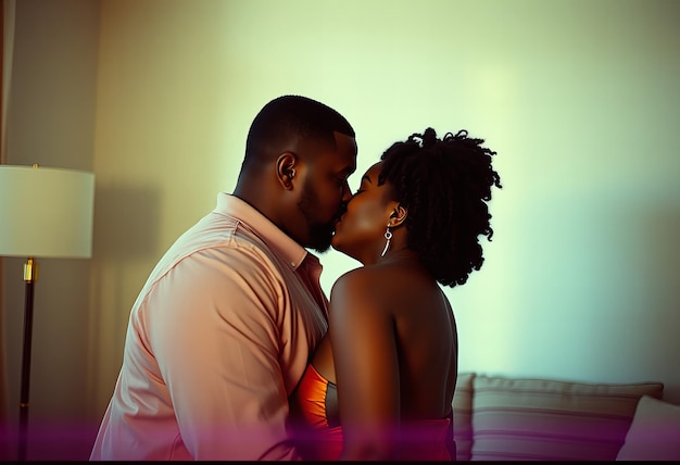 A couple sharing a gentle kiss in a softly lit room with lightcolored walls