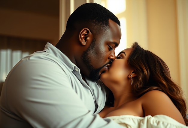 A couple sharing a gentle kiss in a softly lit room with lightcolored walls