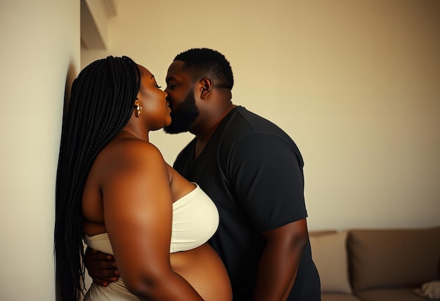 A couple sharing a gentle kiss in a softly lit room with lightcolored walls