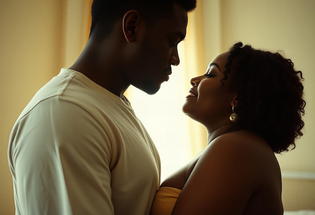 A couple sharing a gentle kiss in a softly lit room with lightcolored walls