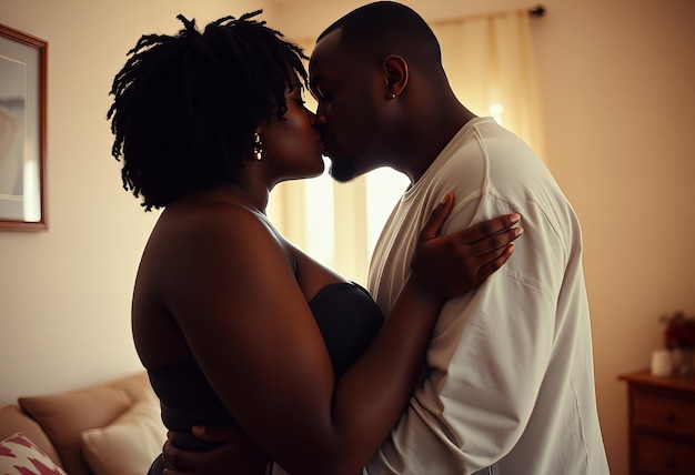 A couple sharing a gentle kiss in a softly lit room with lightcolored walls