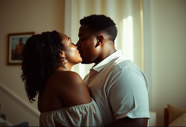 A couple sharing a gentle kiss in a softly lit room with lightcolored walls