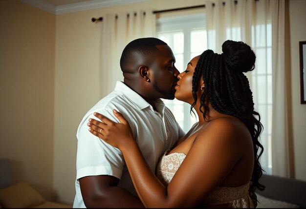 A couple sharing a gentle kiss in a softly lit room with lightcolored walls