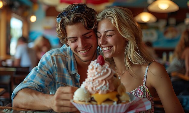 Photo couple sharing ice cream