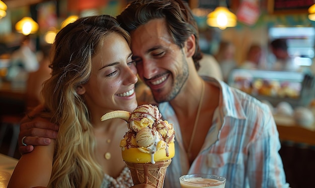 Photo couple sharing ice cream