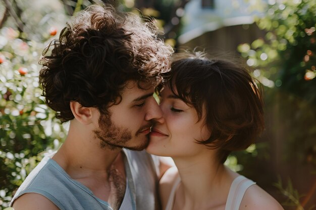 Couple sharing an intimate moment in a sunlit garden