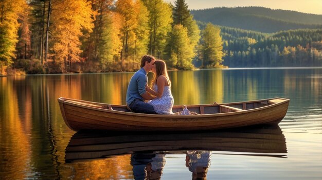 Photo couple sharing a kiss in a rowboat on a tranquil lake romantic scene calm water