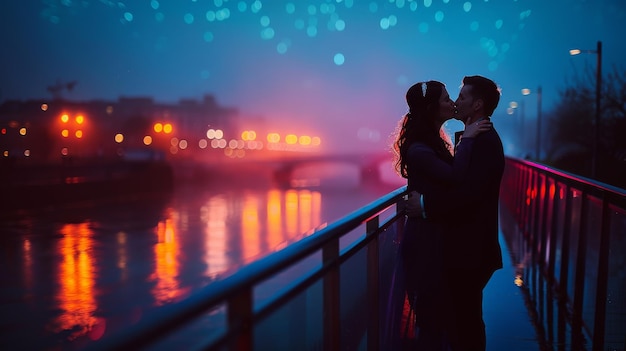 Photo a couple sharing a kiss on a sleek modern bridge overlooking a river with city lights reflecting on the water capturing their prewedding romance