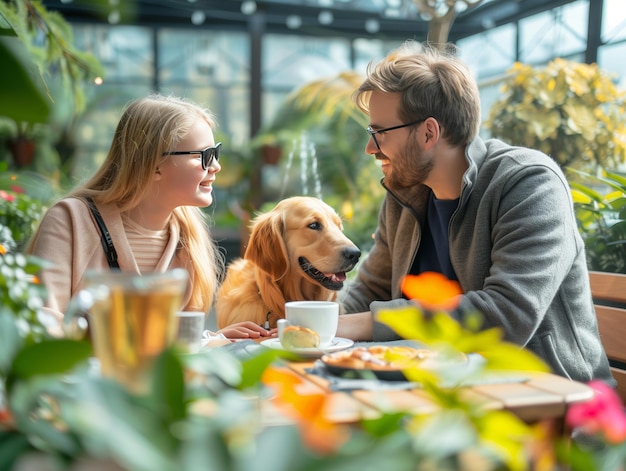 A Couple Sharing a Moment with Their Dog in an Indoor Garden