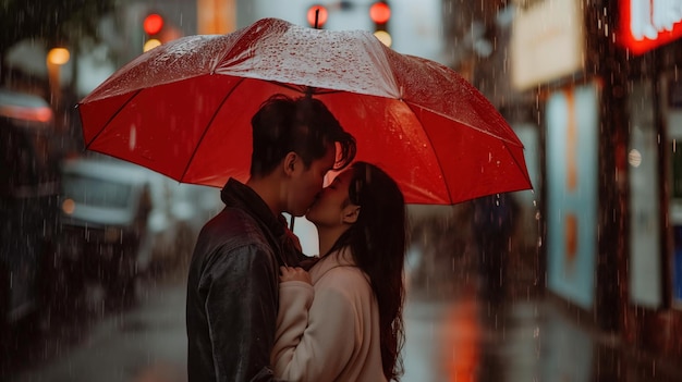 Couple sharing a passionate kiss in the rain their embrace symbolizing the intensity of their love and the depth of their emotional bond