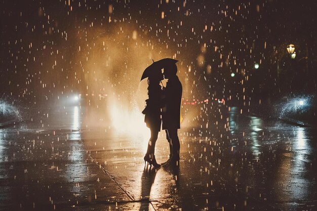 Couple sharing a romantic kiss under umbrella on rainy night