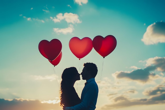 Couple sharing a romantic moment at sunset holding heartshaped balloons Generative AI