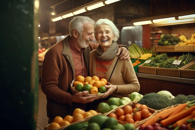 A couple shopping in a market with fruits and vegetables