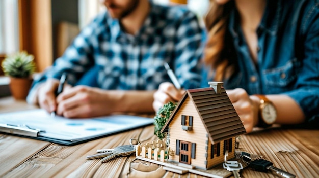 Couple signing home purchase agreement with keys