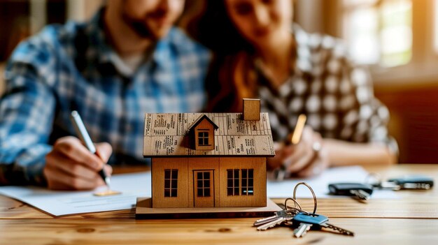 Couple signing home purchase agreement with model house