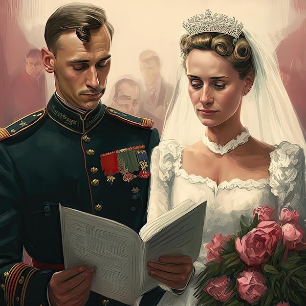 The couple signs at the wedding Holiday social unit formal costume style nonexistent person gray background relationship high resolution art generative artificial intelligence