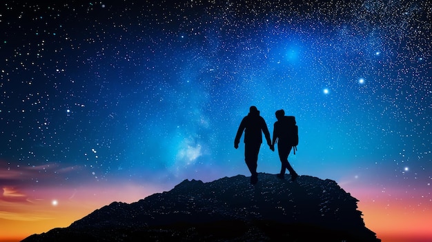 Photo couple silhouetted against a night sky with stars