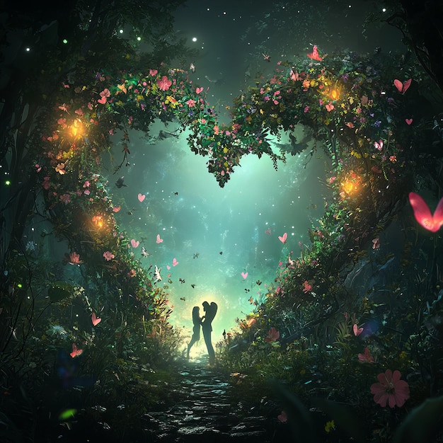 Photo couple silhouetted in a heartshaped forest with flowers butterflies and glowing lights