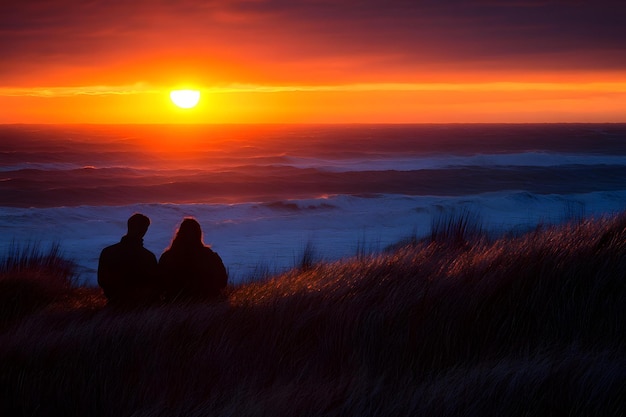 Photo couple silhouettes watching sunset over the ocean