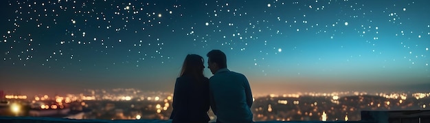 a couple sit on a balcony and look at the stars