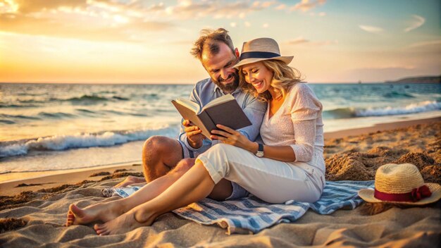 a couple sit on a beach reading a book