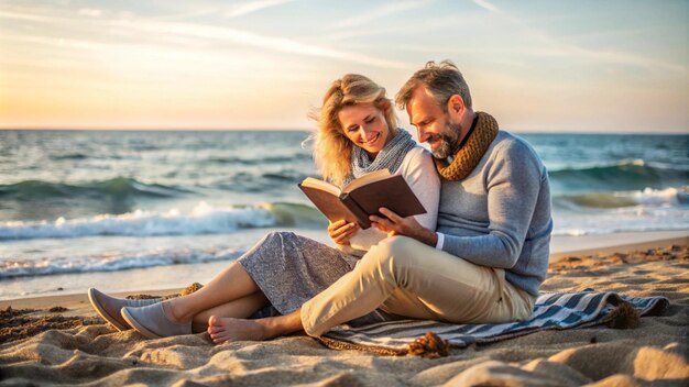 a couple sit on a beach reading a book