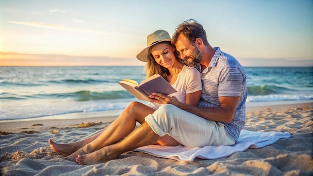 a couple sit on a beach reading a book