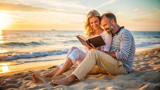 a couple sit on the beach reading a book